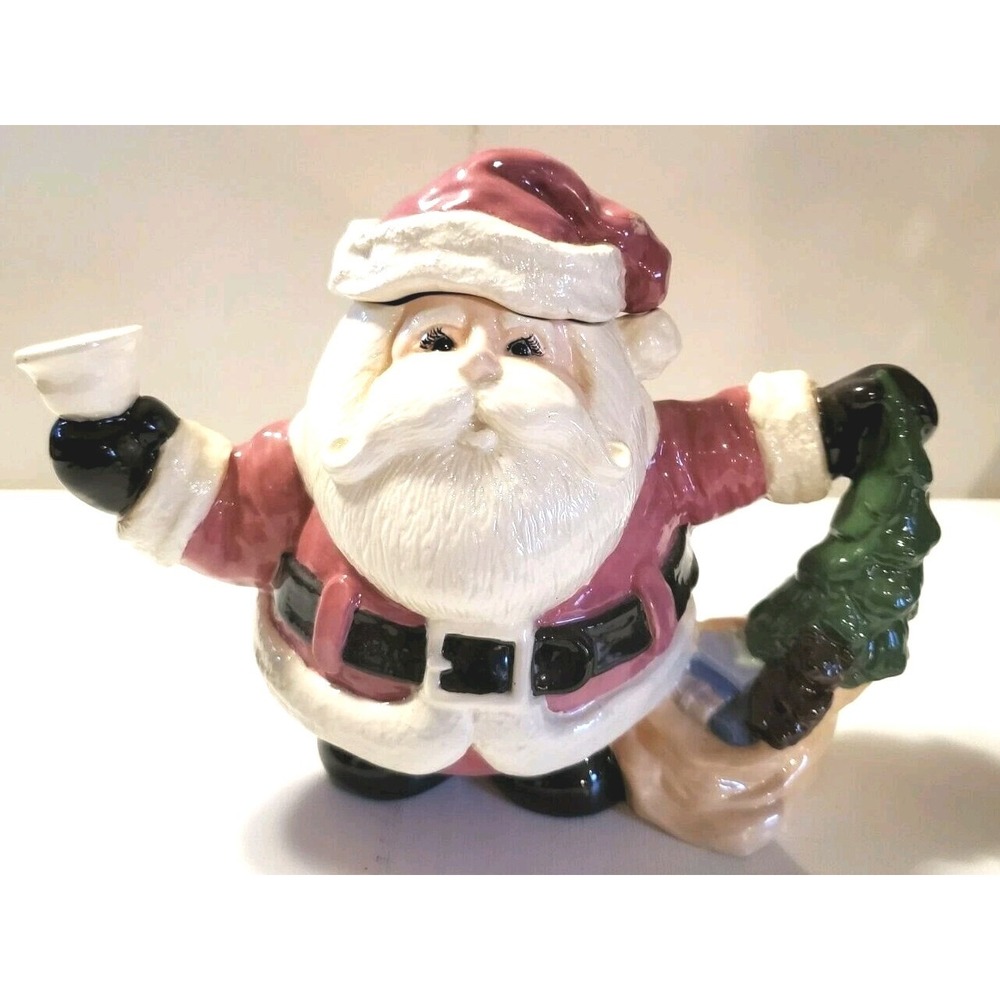 Vintage Ceramic Santa Claus Christmas Teapot with Tree Handle Holiday Decor